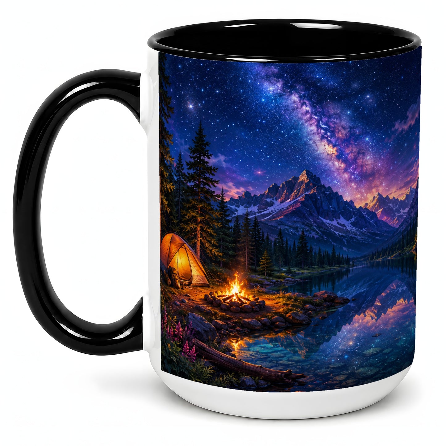 #pl[15oz|Black] Milky Way Camping Ceramic Mug, Mountain Lake Campfire Night