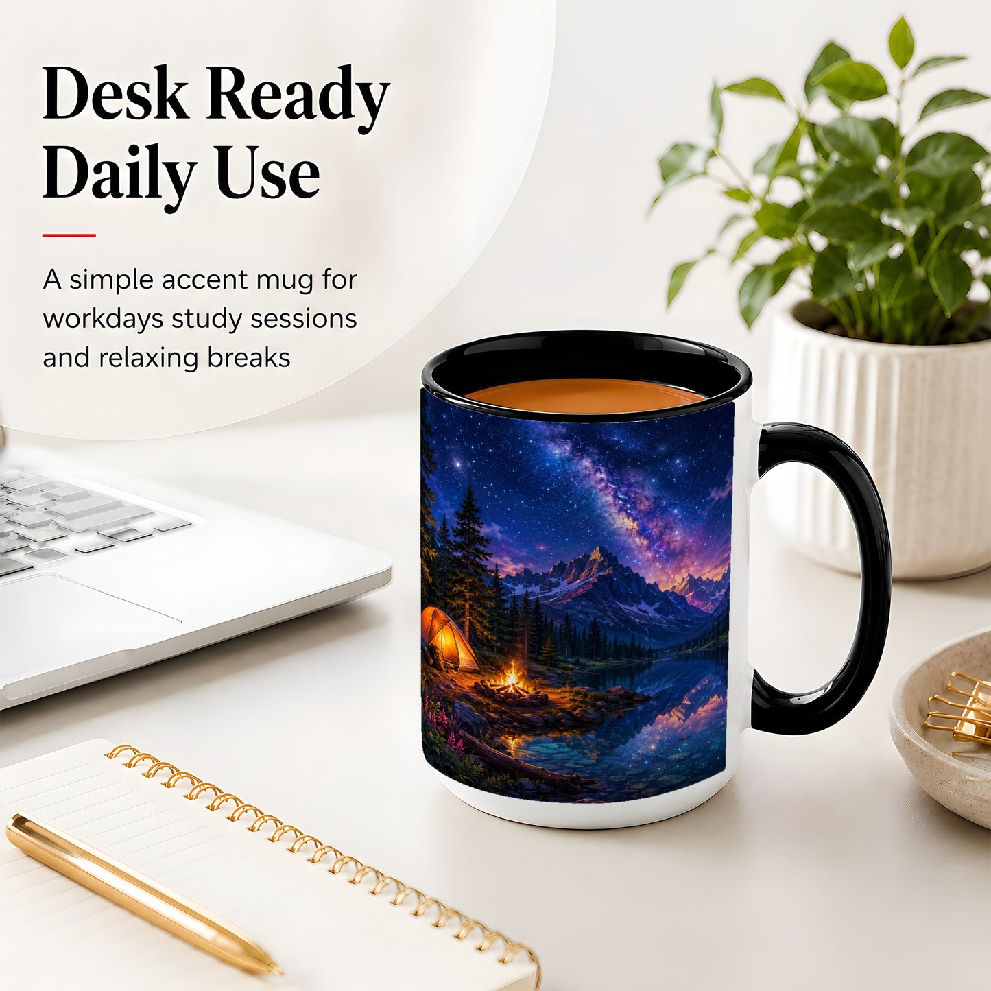 #pl[15oz|Black] Milky Way Camping Ceramic Mug, Mountain Lake Campfire Night