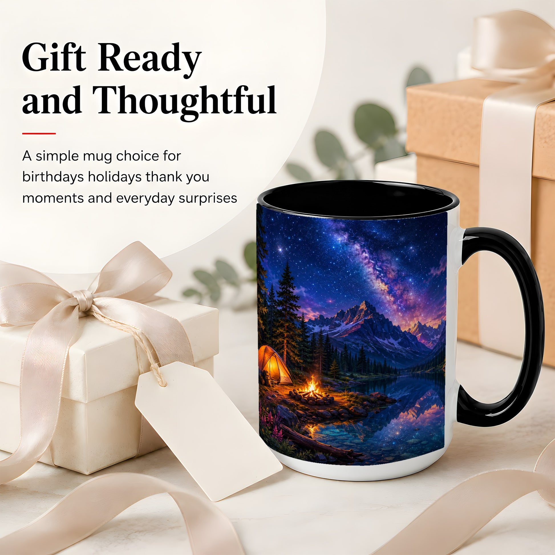 #pl[15oz|Black] Milky Way Camping Ceramic Mug, Mountain Lake Campfire Night