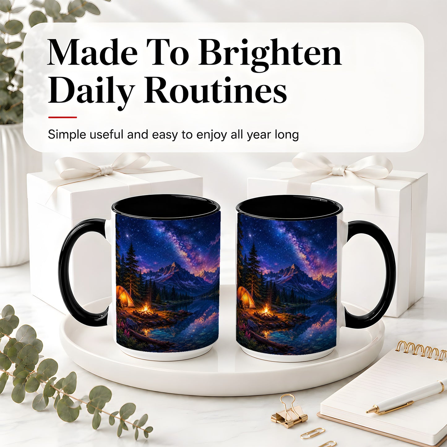 #pl[15oz|Black] Milky Way Camping Ceramic Mug, Mountain Lake Campfire Night