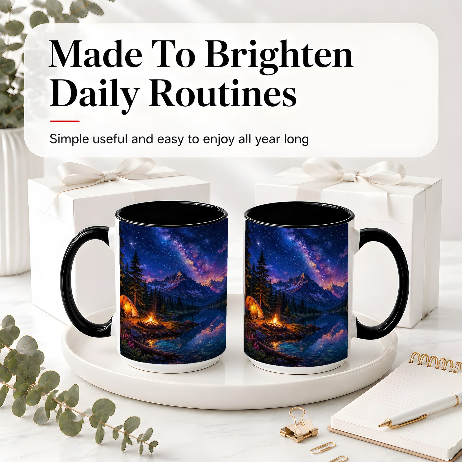 #pl[15oz|Black] Milky Way Camping Ceramic Mug, Mountain Lake Campfire Night