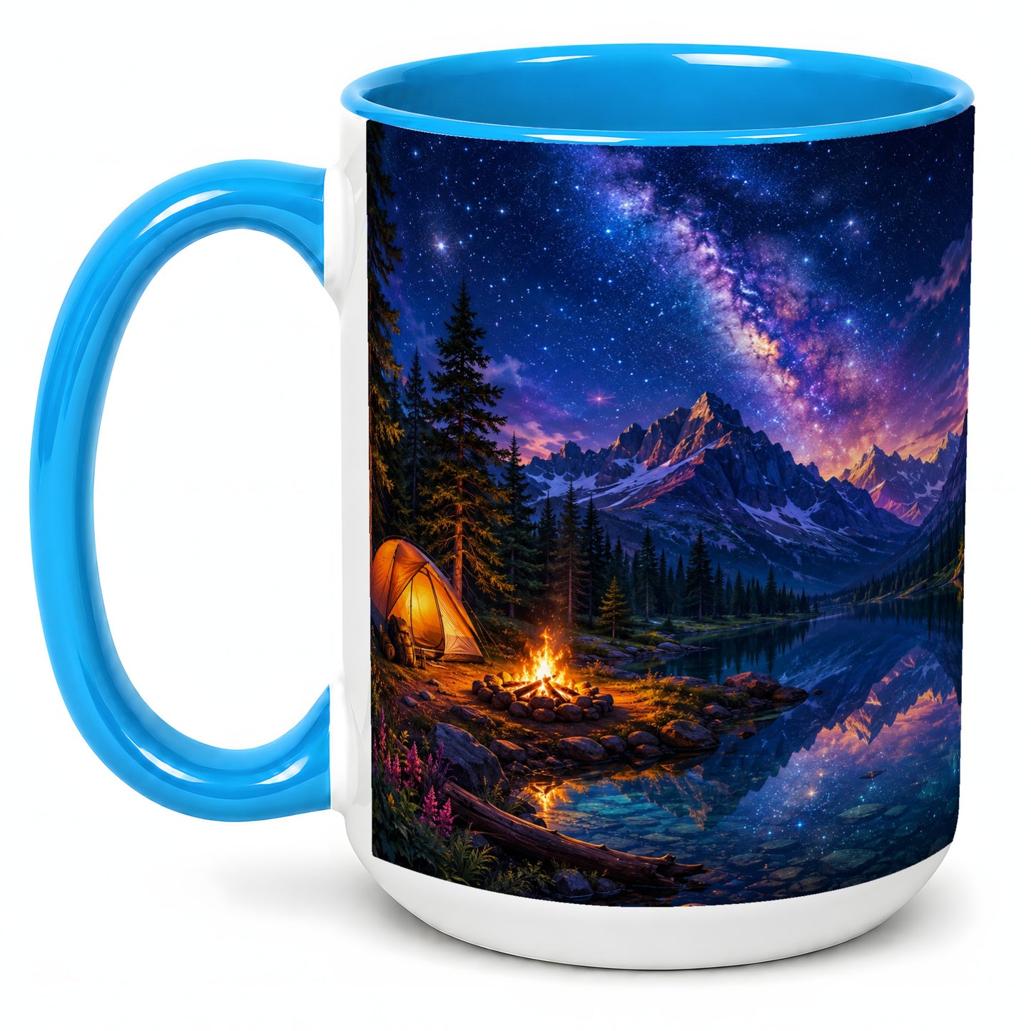 #pl[15oz|Blue] Milky Way Camping Ceramic Mug, Mountain Lake Campfire Night