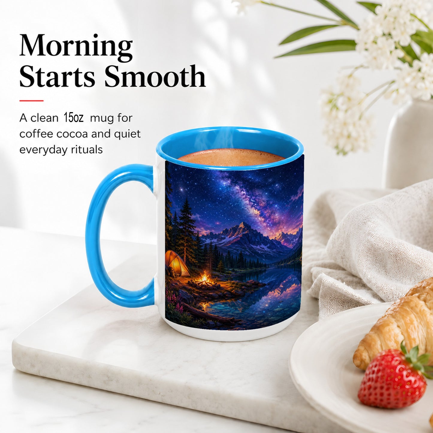 #pl[15oz|Blue] Milky Way Camping Ceramic Mug, Mountain Lake Campfire Night