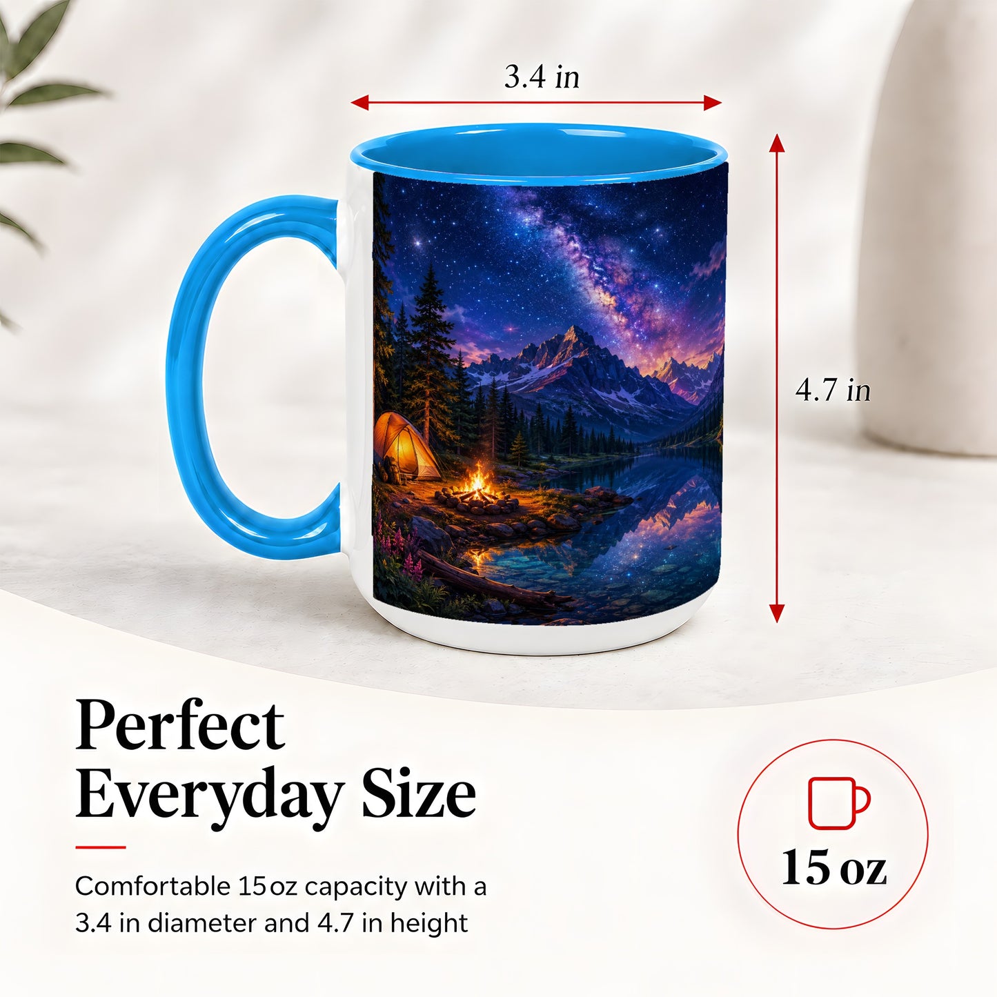 #pl[15oz|Blue] Milky Way Camping Ceramic Mug, Mountain Lake Campfire Night