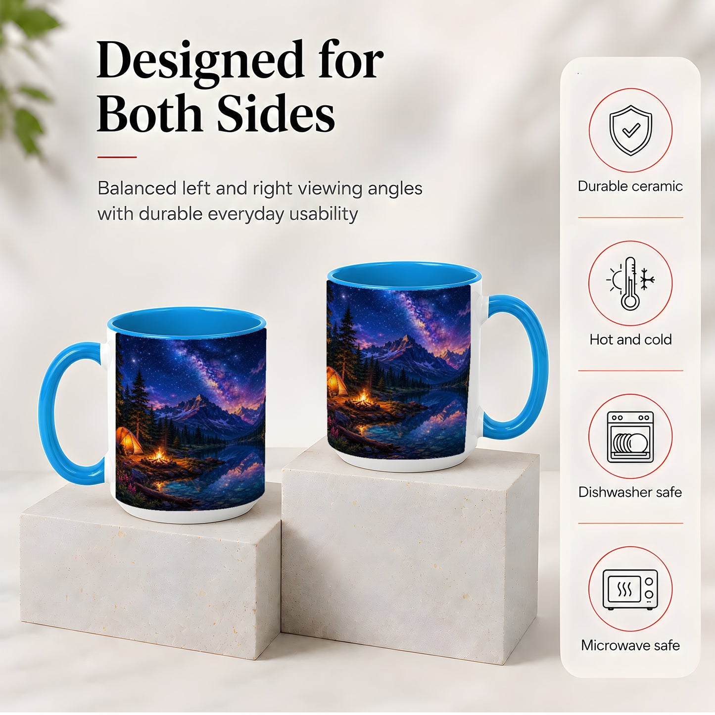 #pl[15oz|Blue] Milky Way Camping Ceramic Mug, Mountain Lake Campfire Night