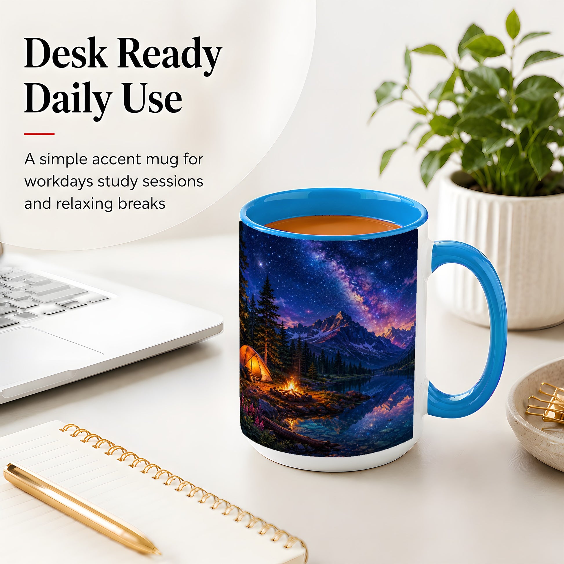 #pl[15oz|Blue] Milky Way Camping Ceramic Mug, Mountain Lake Campfire Night