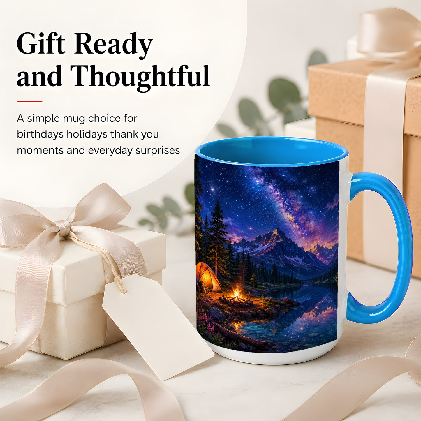 #pl[15oz|Blue] Milky Way Camping Ceramic Mug, Mountain Lake Campfire Night