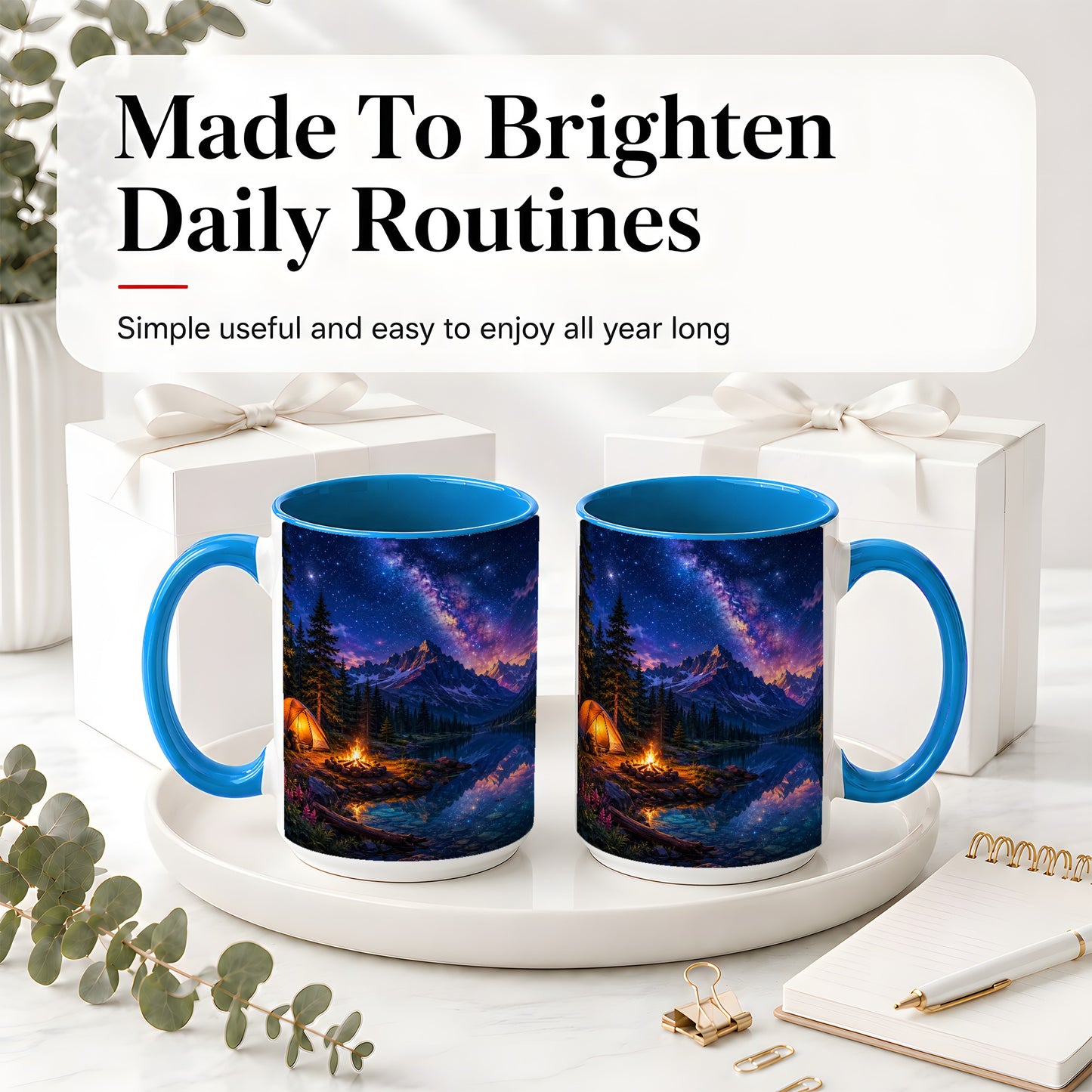 #pl[15oz|Blue] Milky Way Camping Ceramic Mug, Mountain Lake Campfire Night