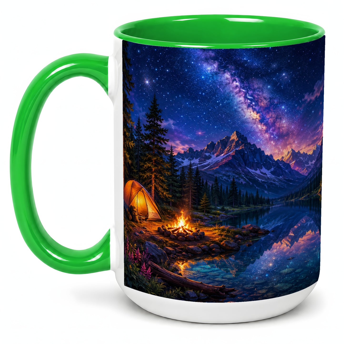 #pl[15oz|Green] Milky Way Camping Ceramic Mug, Mountain Lake Campfire Night