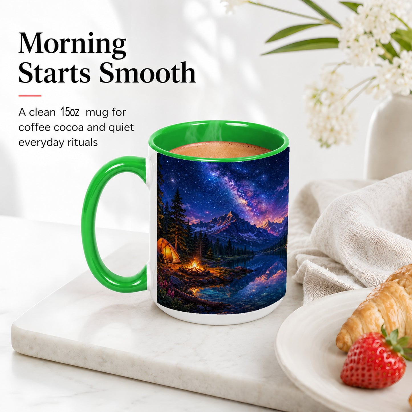 #pl[15oz|Green] Milky Way Camping Ceramic Mug, Mountain Lake Campfire Night