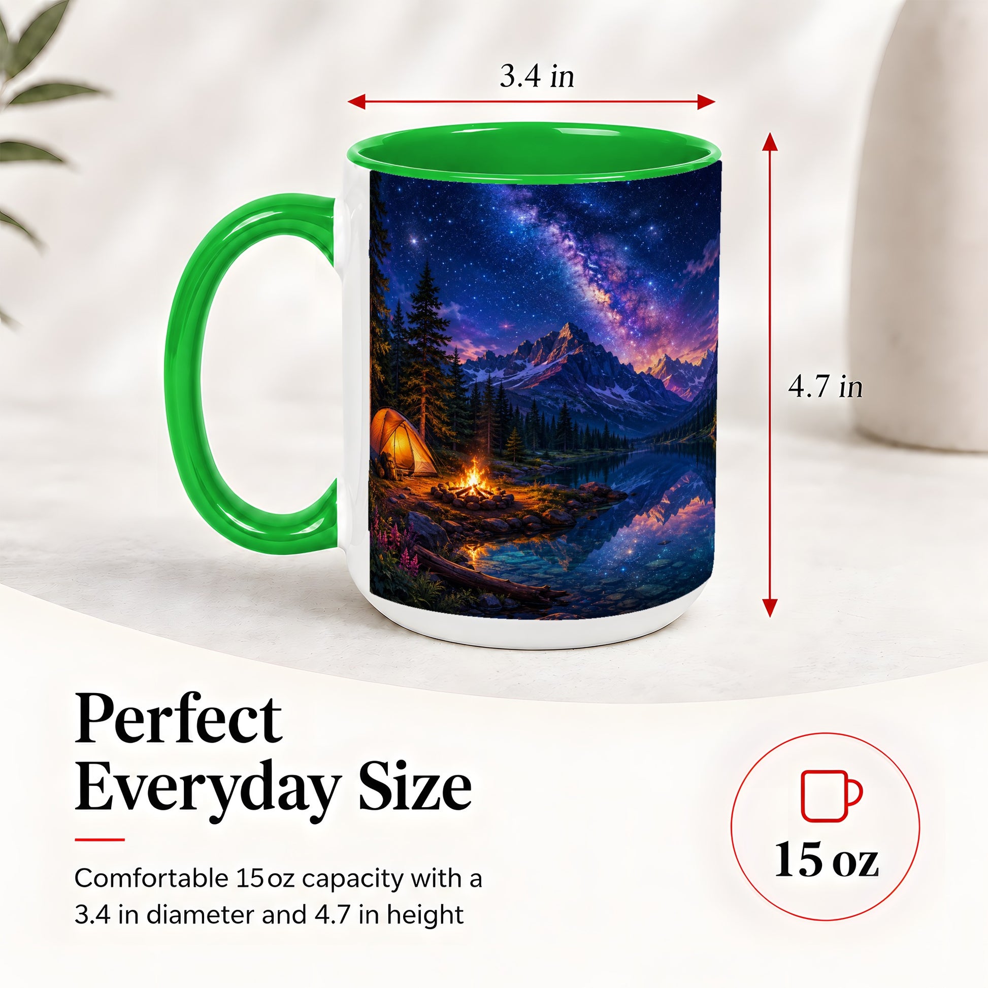 #pl[15oz|Green] Milky Way Camping Ceramic Mug, Mountain Lake Campfire Night