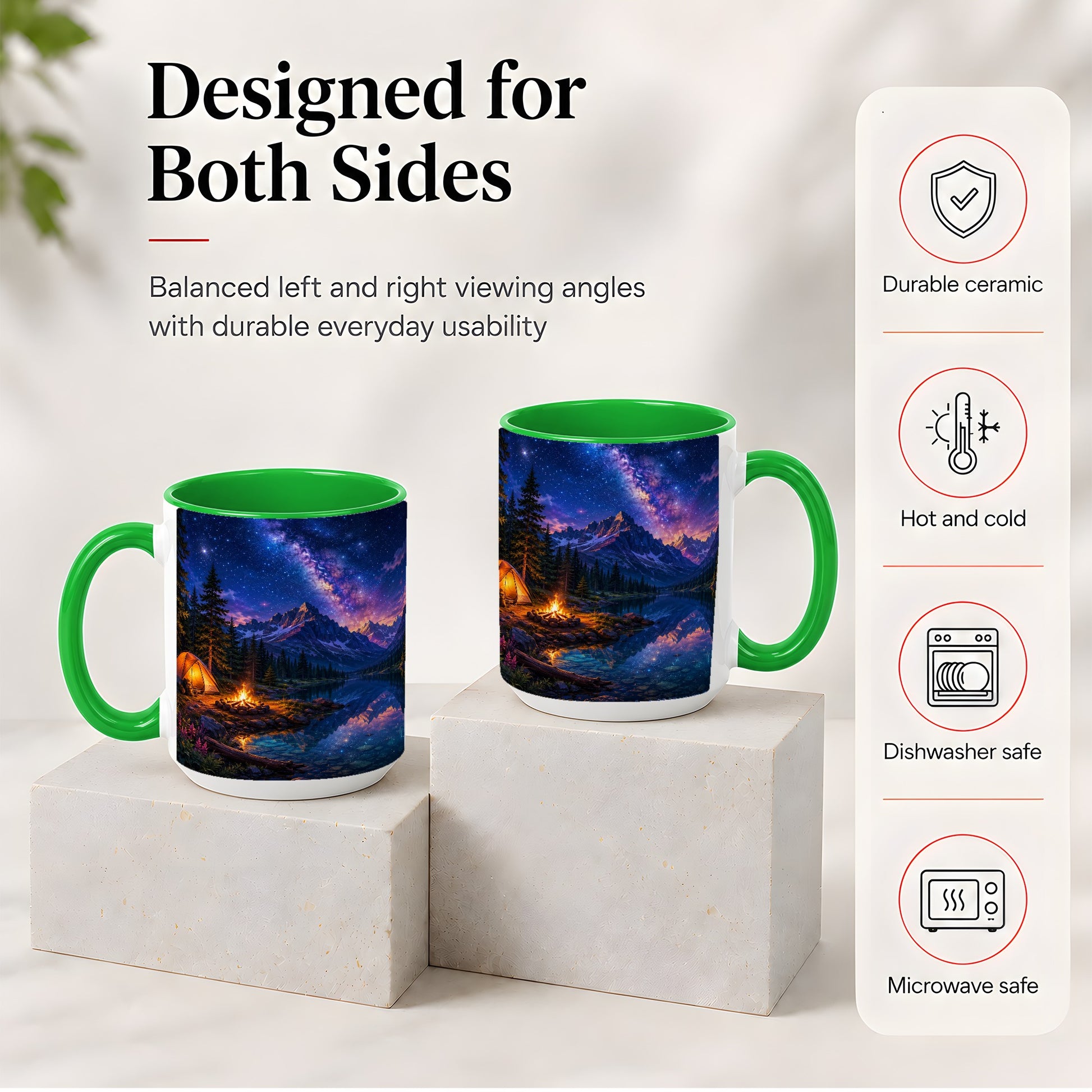 #pl[15oz|Green] Milky Way Camping Ceramic Mug, Mountain Lake Campfire Night