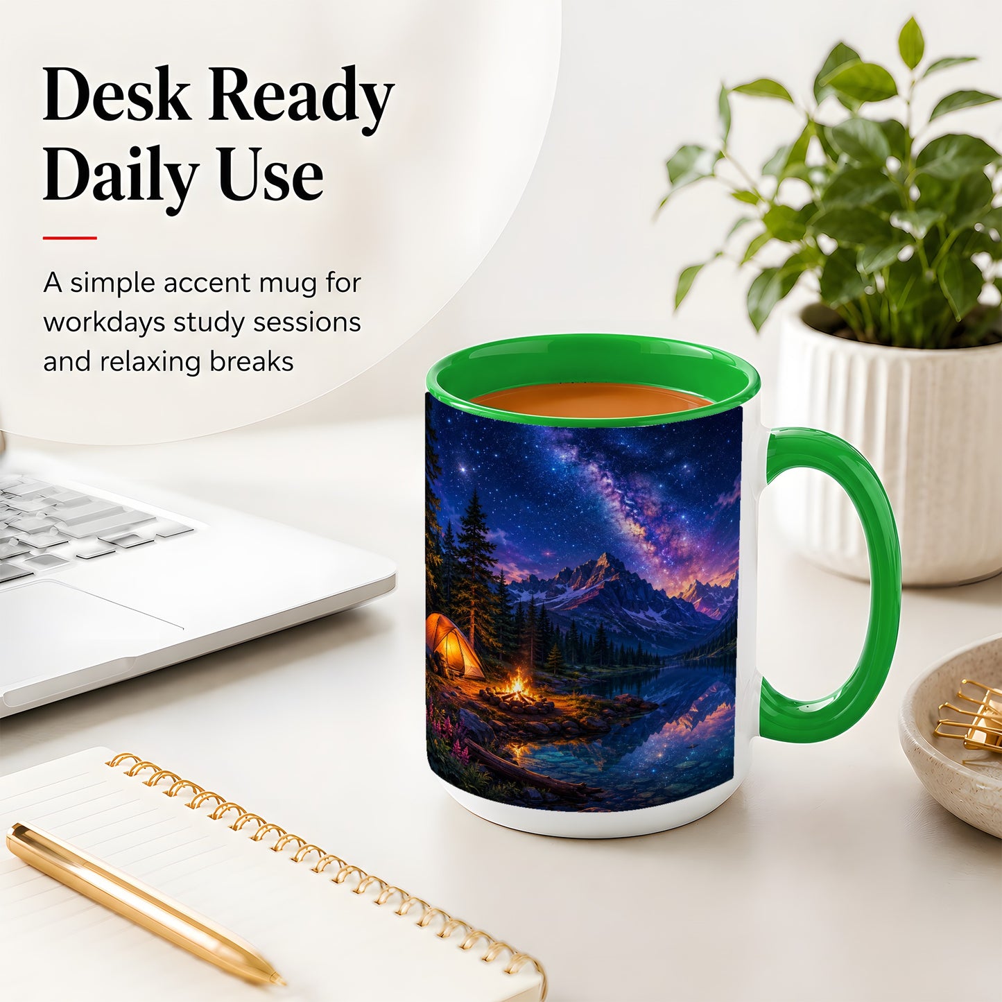 #pl[15oz|Green] Milky Way Camping Ceramic Mug, Mountain Lake Campfire Night