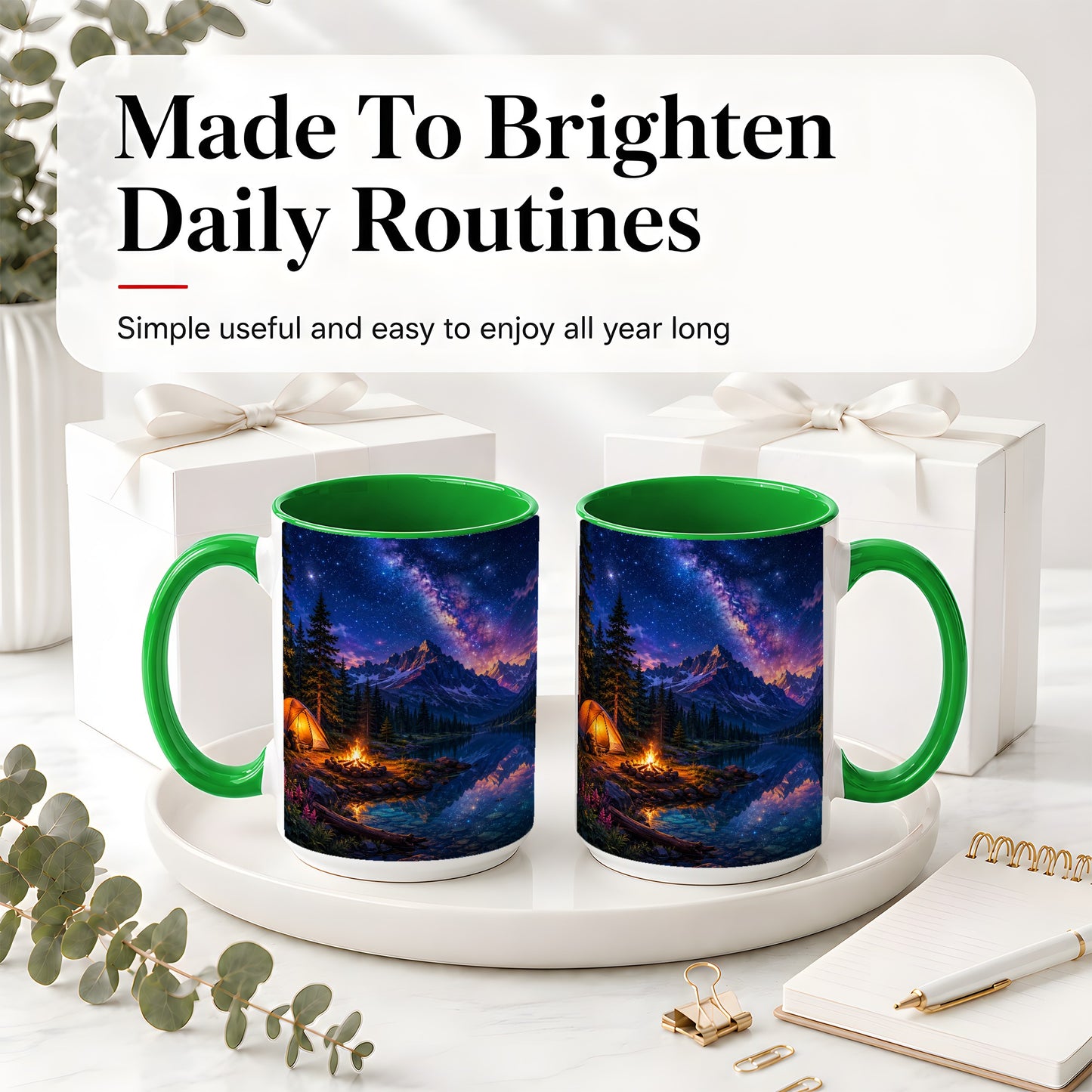#pl[15oz|Green] Milky Way Camping Ceramic Mug, Mountain Lake Campfire Night