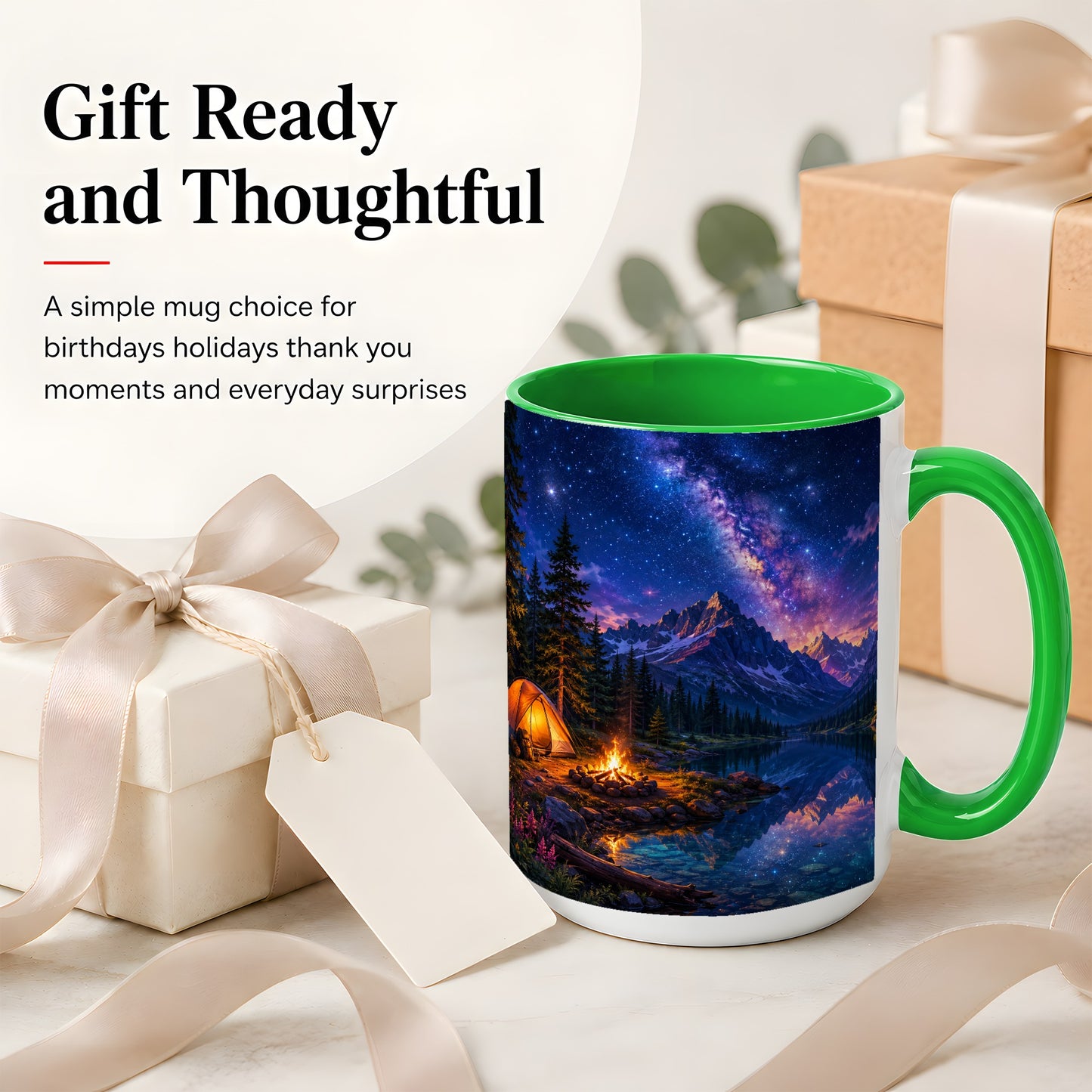 #pl[15oz|Green] Milky Way Camping Ceramic Mug, Mountain Lake Campfire Night