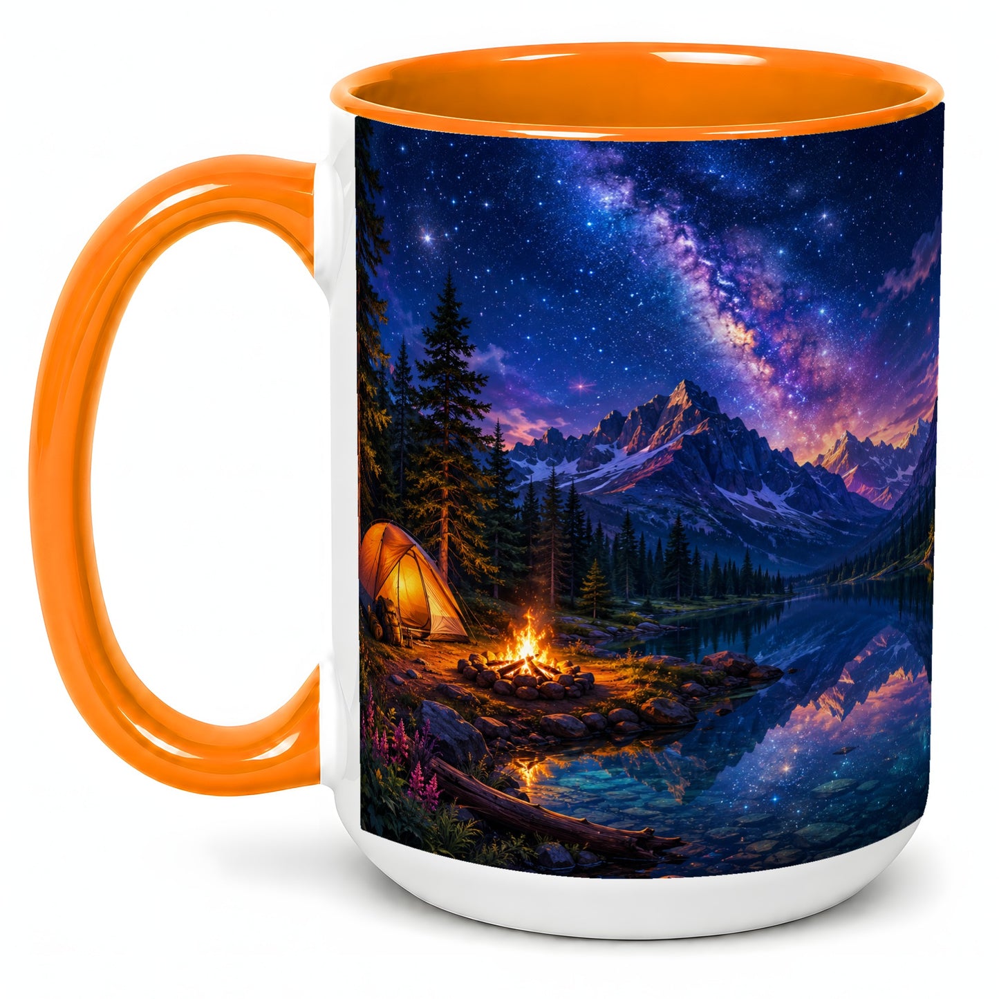 #pl[15oz|Orange] Milky Way Camping Ceramic Mug, Mountain Lake Campfire Night