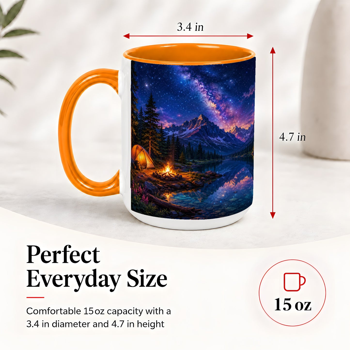 #pl[15oz|Orange] Milky Way Camping Ceramic Mug, Mountain Lake Campfire Night