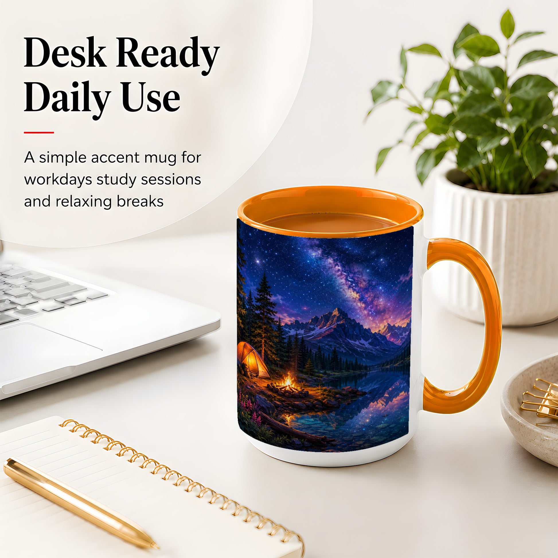 #pl[15oz|Orange] Milky Way Camping Ceramic Mug, Mountain Lake Campfire Night