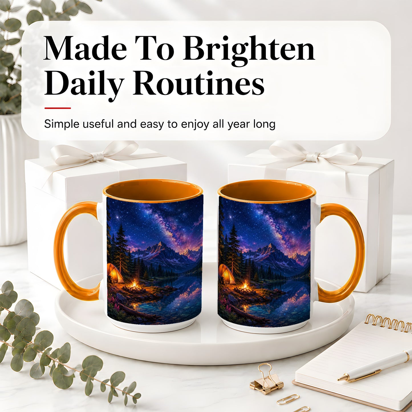 #pl[15oz|Orange] Milky Way Camping Ceramic Mug, Mountain Lake Campfire Night