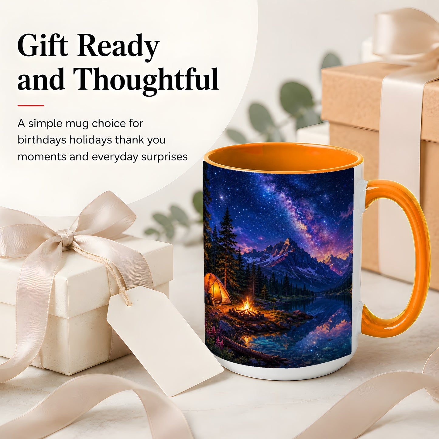 #pl[15oz|Orange] Milky Way Camping Ceramic Mug, Mountain Lake Campfire Night