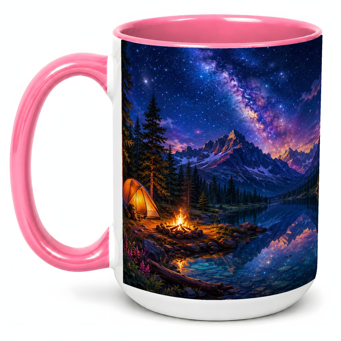 #pl[15oz|Pink] Milky Way Camping Ceramic Mug, Mountain Lake Campfire Night