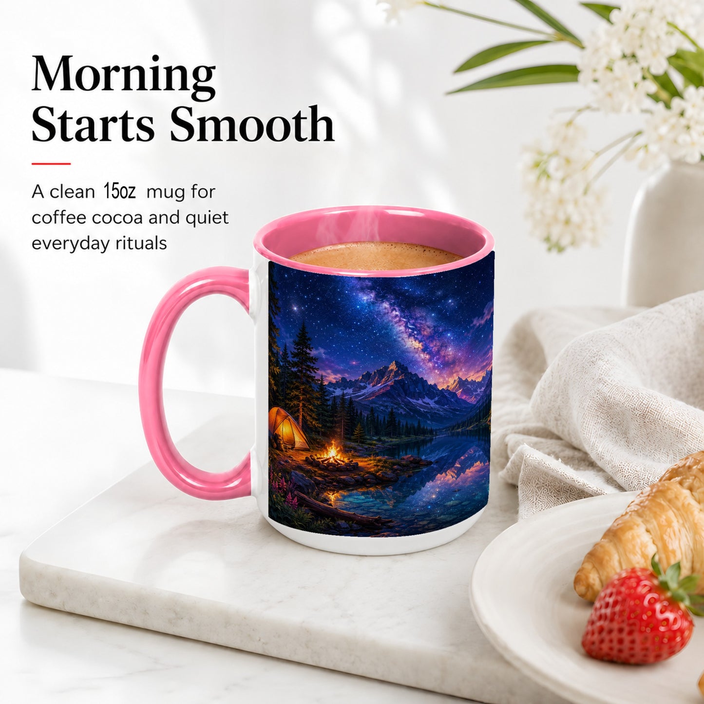 #pl[15oz|Pink] Milky Way Camping Ceramic Mug, Mountain Lake Campfire Night