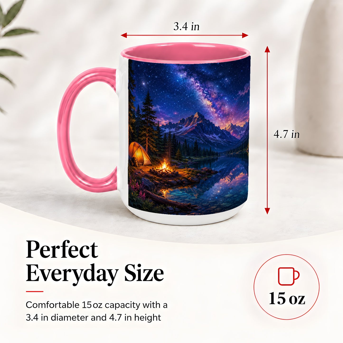 #pl[15oz|Pink] Milky Way Camping Ceramic Mug, Mountain Lake Campfire Night