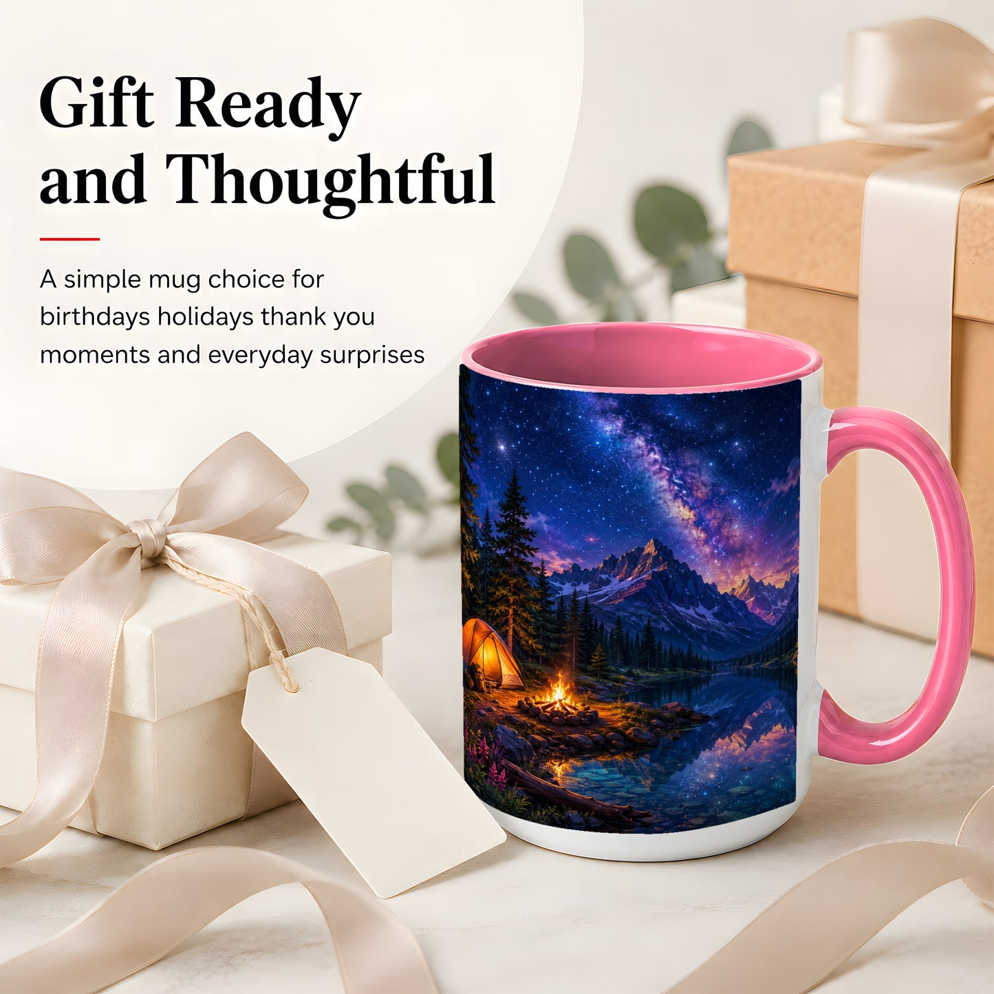 #pl[15oz|Pink] Milky Way Camping Ceramic Mug, Mountain Lake Campfire Night