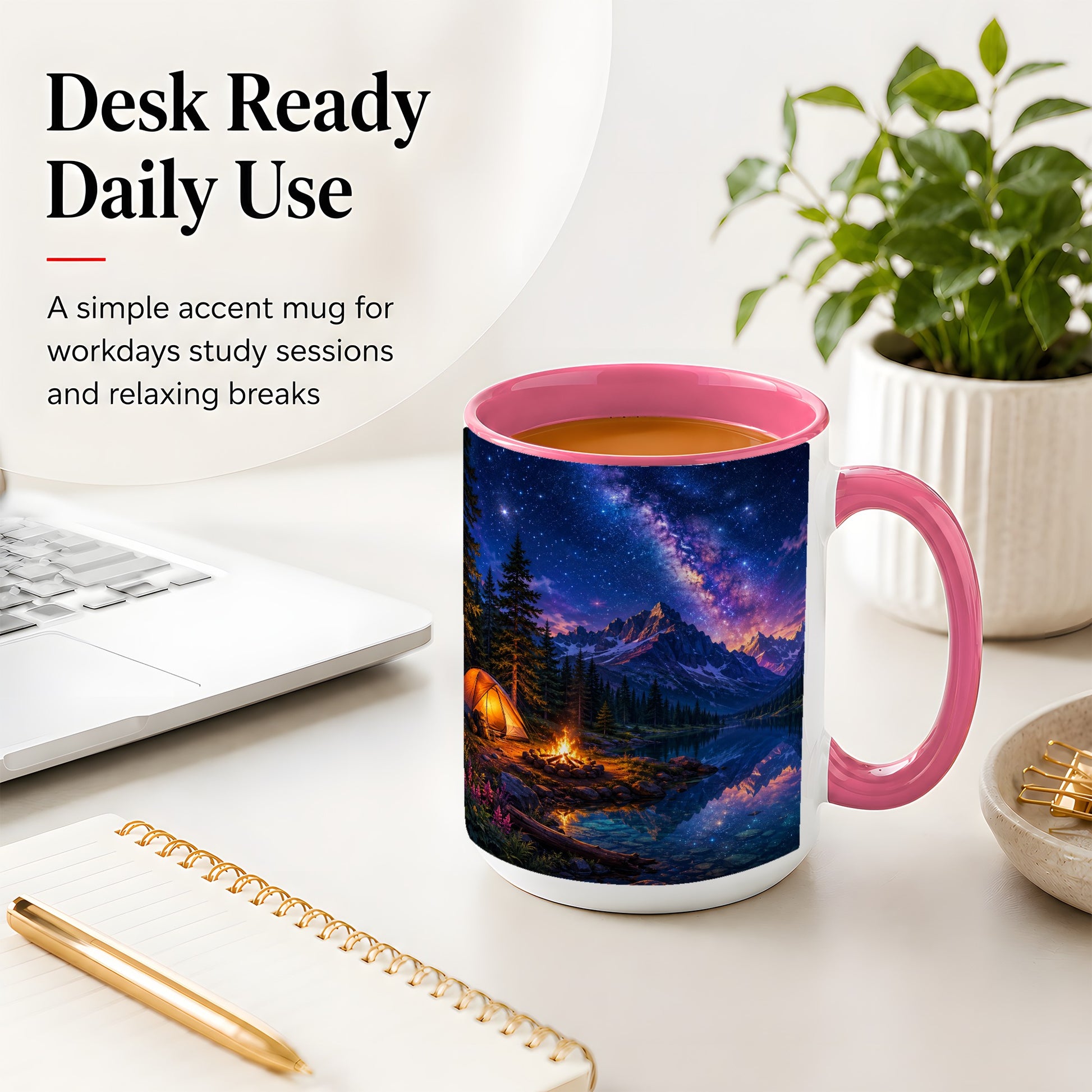 #pl[15oz|Pink] Milky Way Camping Ceramic Mug, Mountain Lake Campfire Night