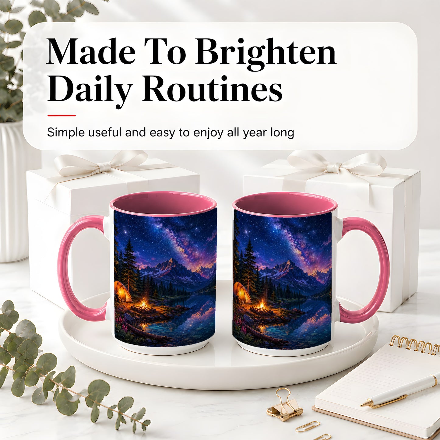 #pl[15oz|Pink] Milky Way Camping Ceramic Mug, Mountain Lake Campfire Night