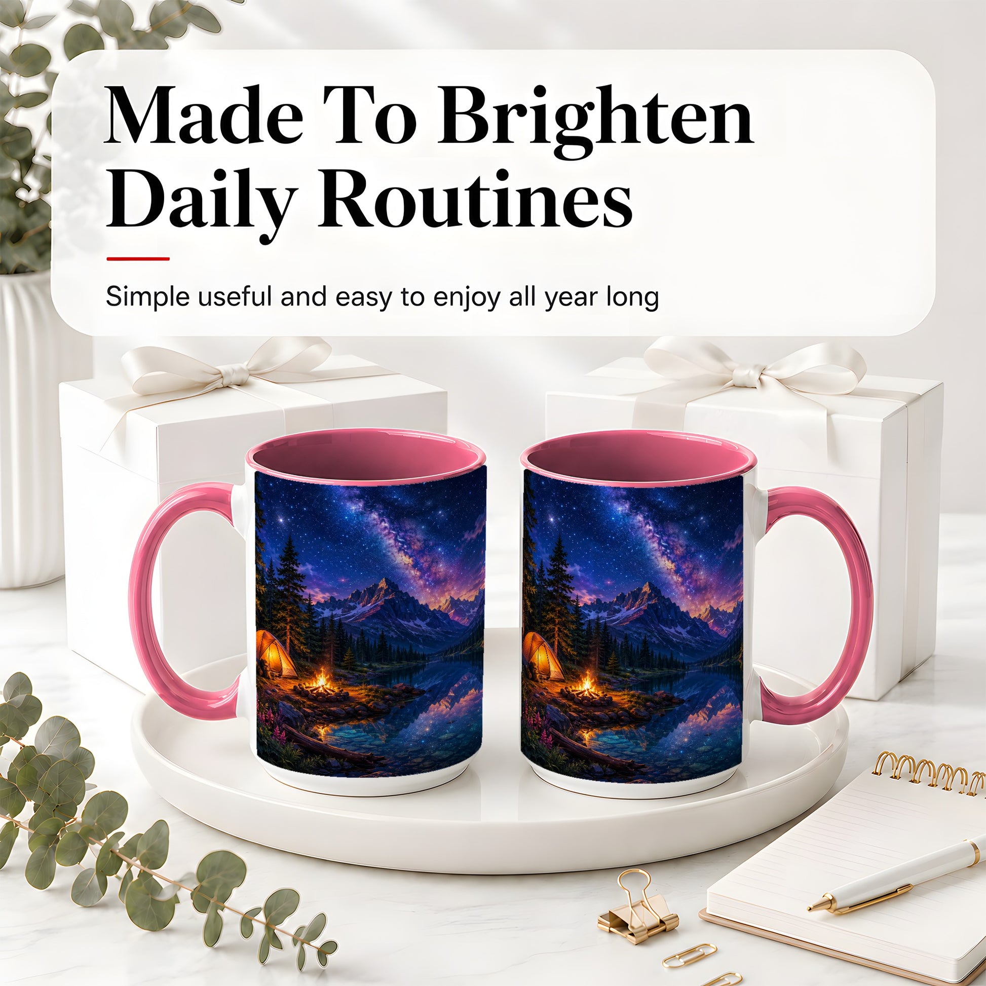 #pl[15oz|Pink] Milky Way Camping Ceramic Mug, Mountain Lake Campfire Night