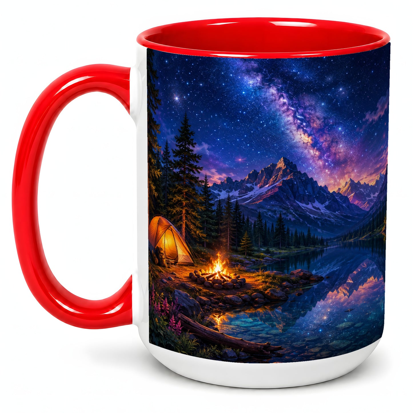 #pl[15oz|Red] Milky Way Camping Ceramic Mug, Mountain Lake Campfire Night