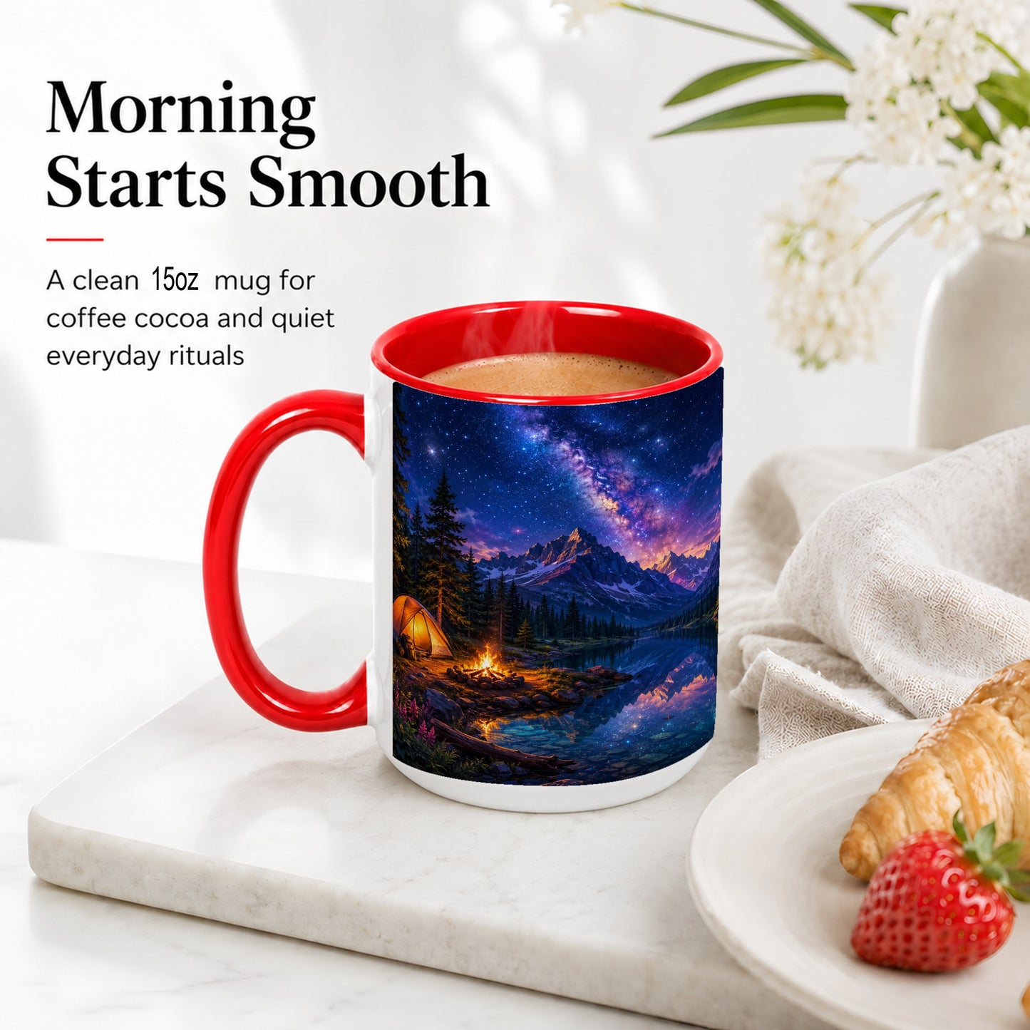 #pl[15oz|Red] Milky Way Camping Ceramic Mug, Mountain Lake Campfire Night