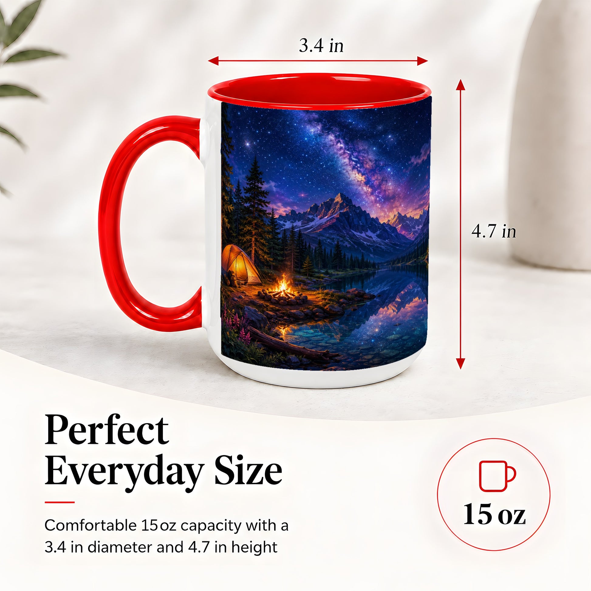 #pl[15oz|Red] Milky Way Camping Ceramic Mug, Mountain Lake Campfire Night