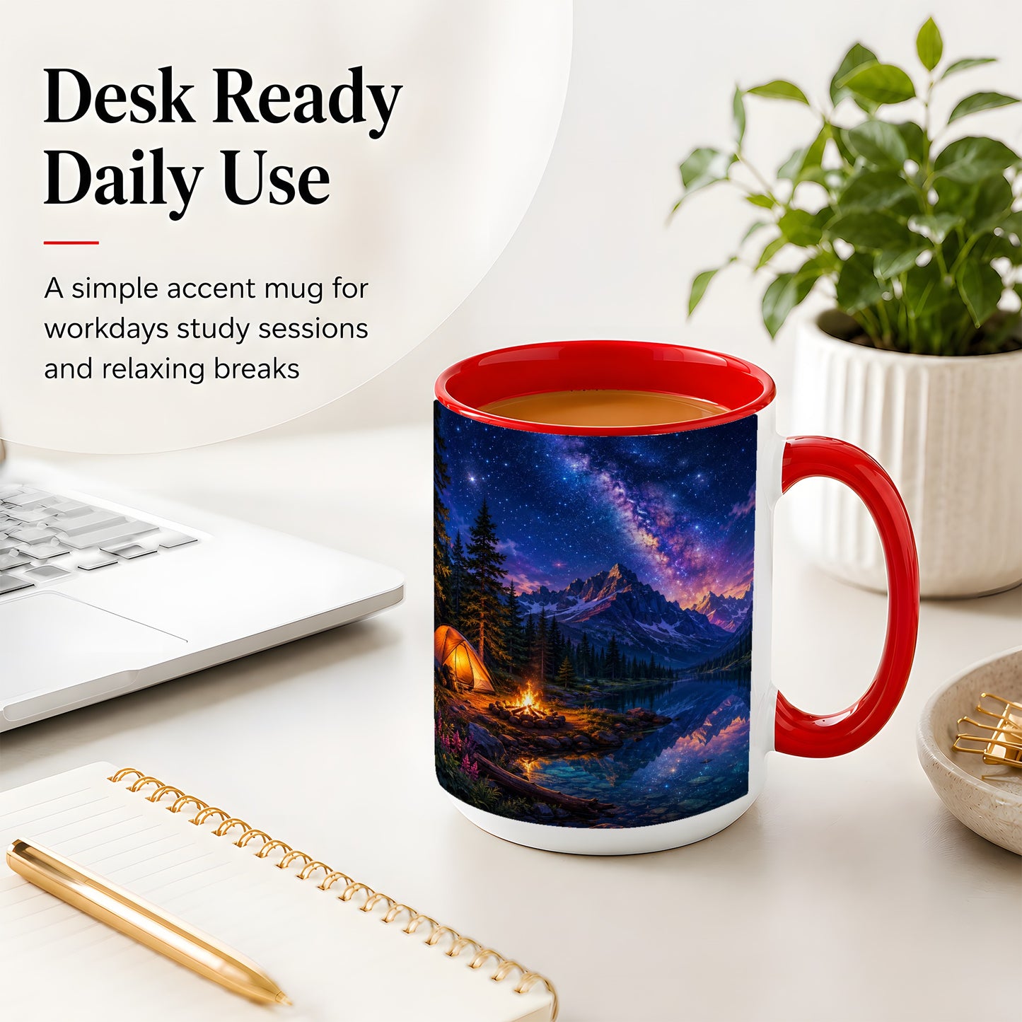 #pl[15oz|Red] Milky Way Camping Ceramic Mug, Mountain Lake Campfire Night
