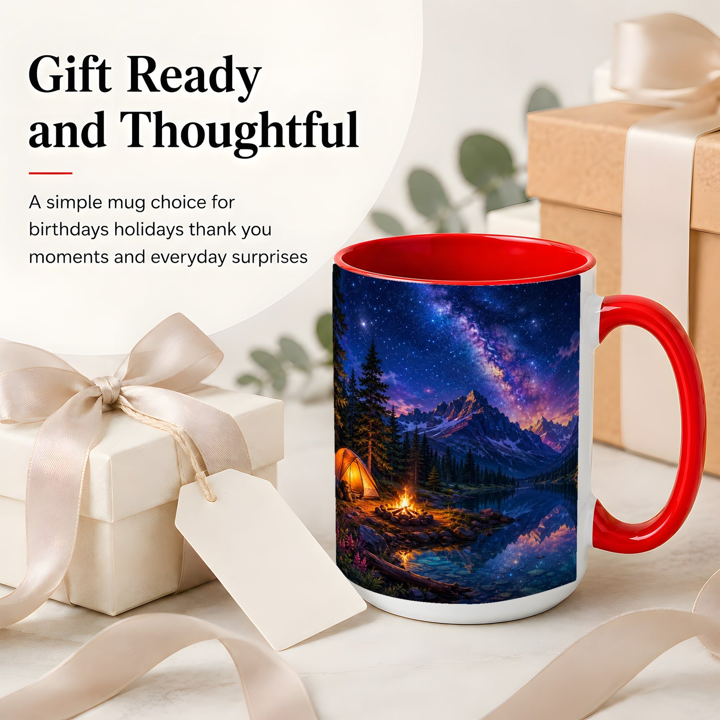 #pl[15oz|Red] Milky Way Camping Ceramic Mug, Mountain Lake Campfire Night