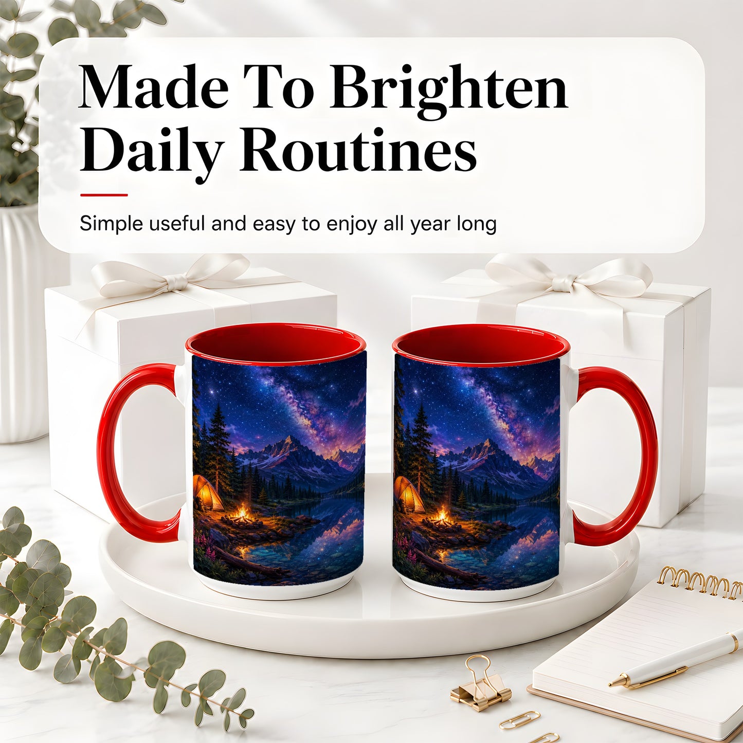 #pl[15oz|Red] Milky Way Camping Ceramic Mug, Mountain Lake Campfire Night