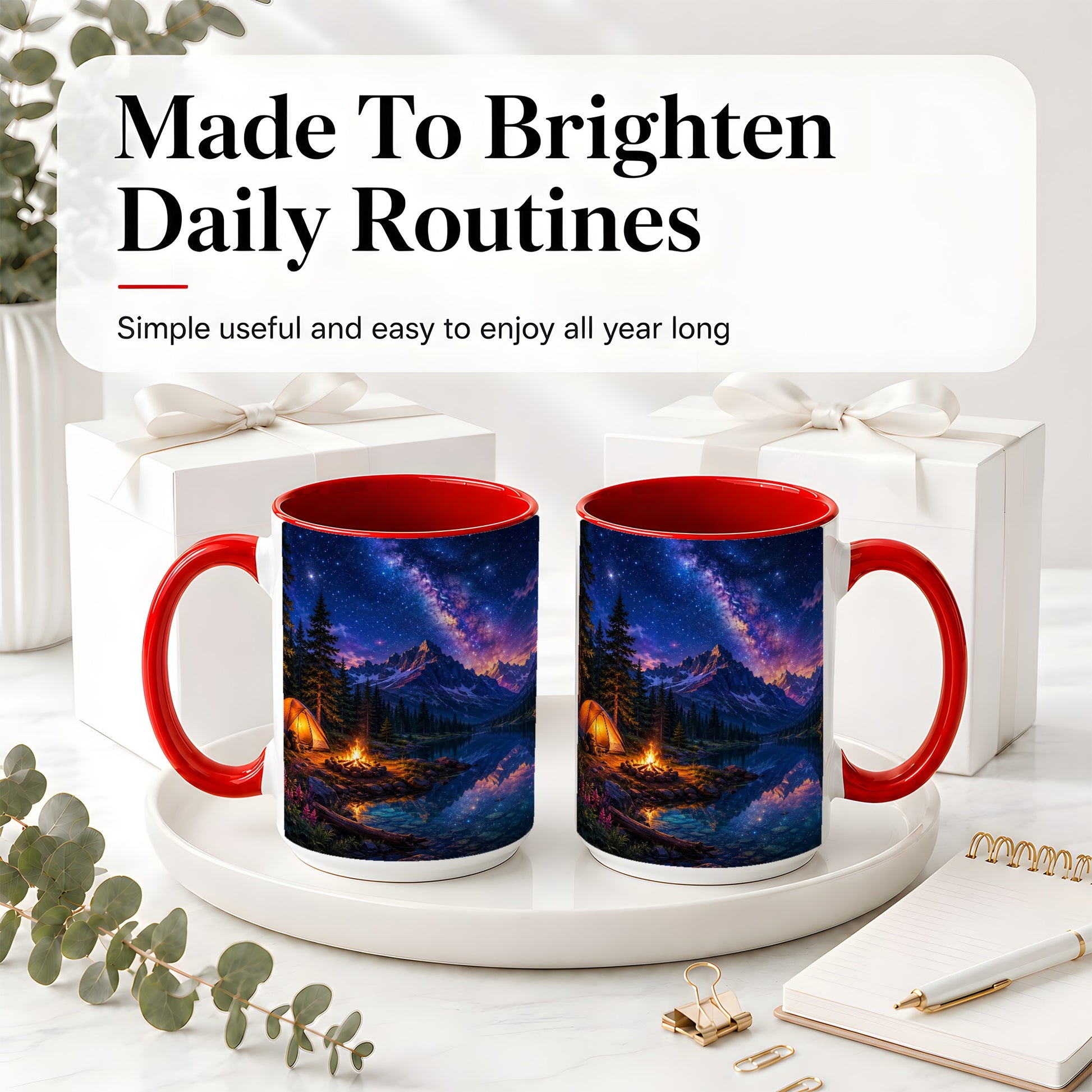 #pl[15oz|Red] Milky Way Camping Ceramic Mug, Mountain Lake Campfire Night