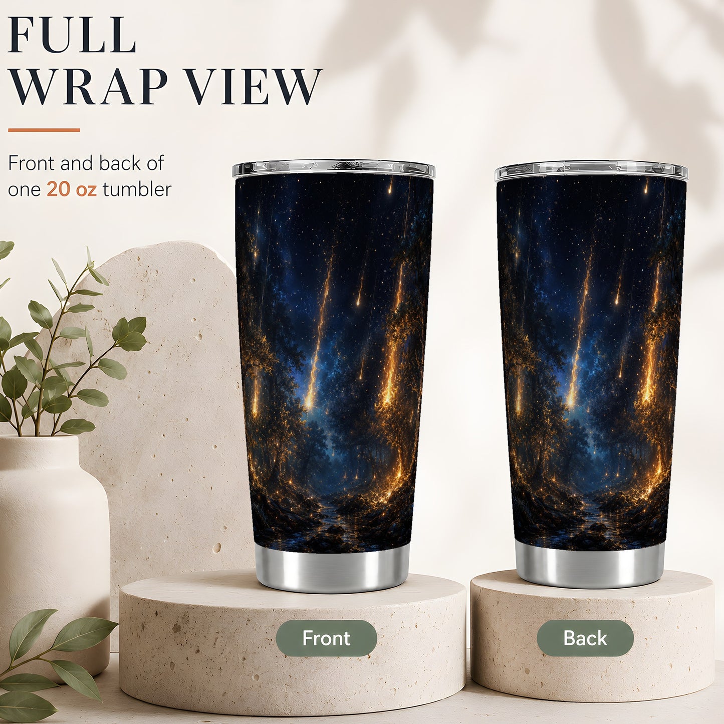 #pl[20oz|Steel] Meteor Shower Forest 20oz Skinny Tumbler, Celestial Night Design