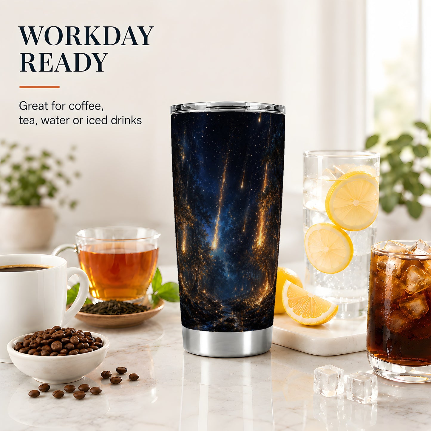 #pl[20oz|Steel] Meteor Shower Forest 20oz Skinny Tumbler, Celestial Night Design