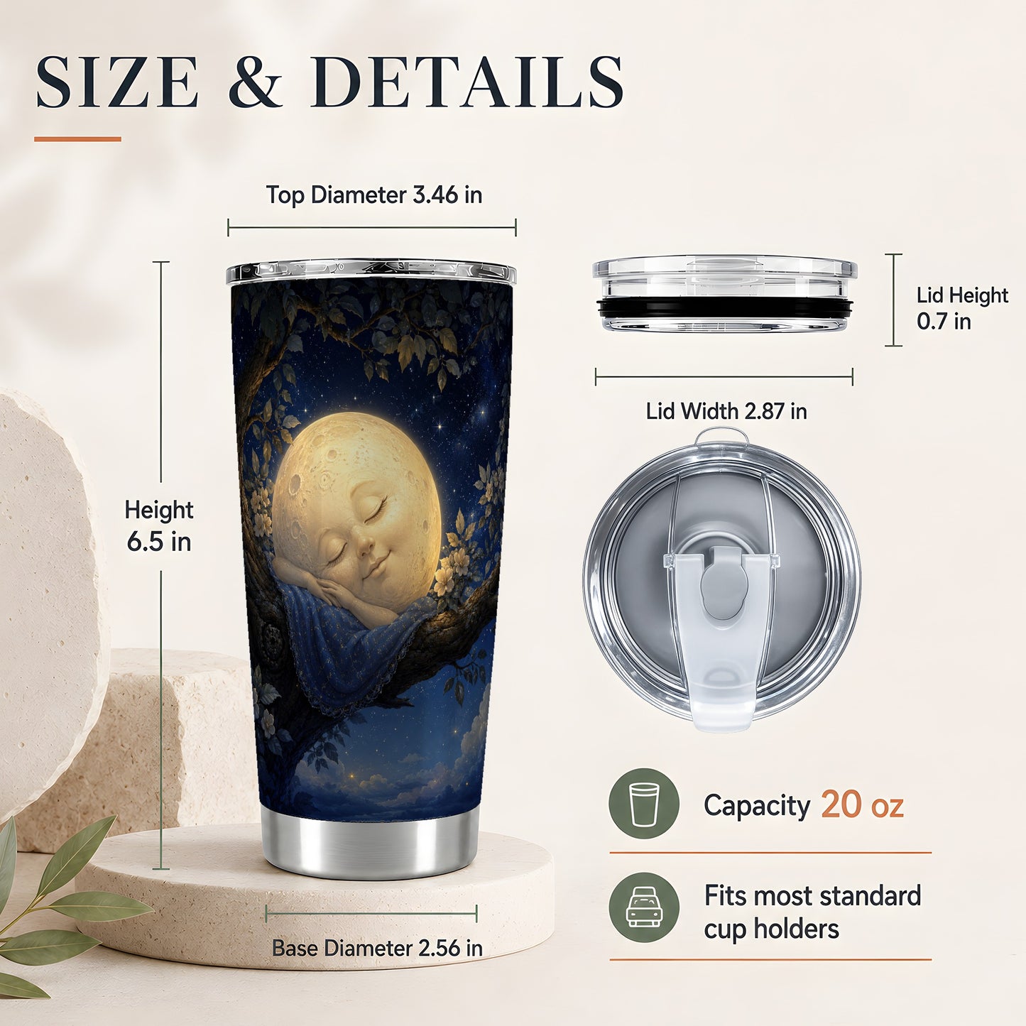 #pl[20oz|Steel] Sleeping Moon 20oz Skinny Tumbler, Dreamy Celestial Night Design