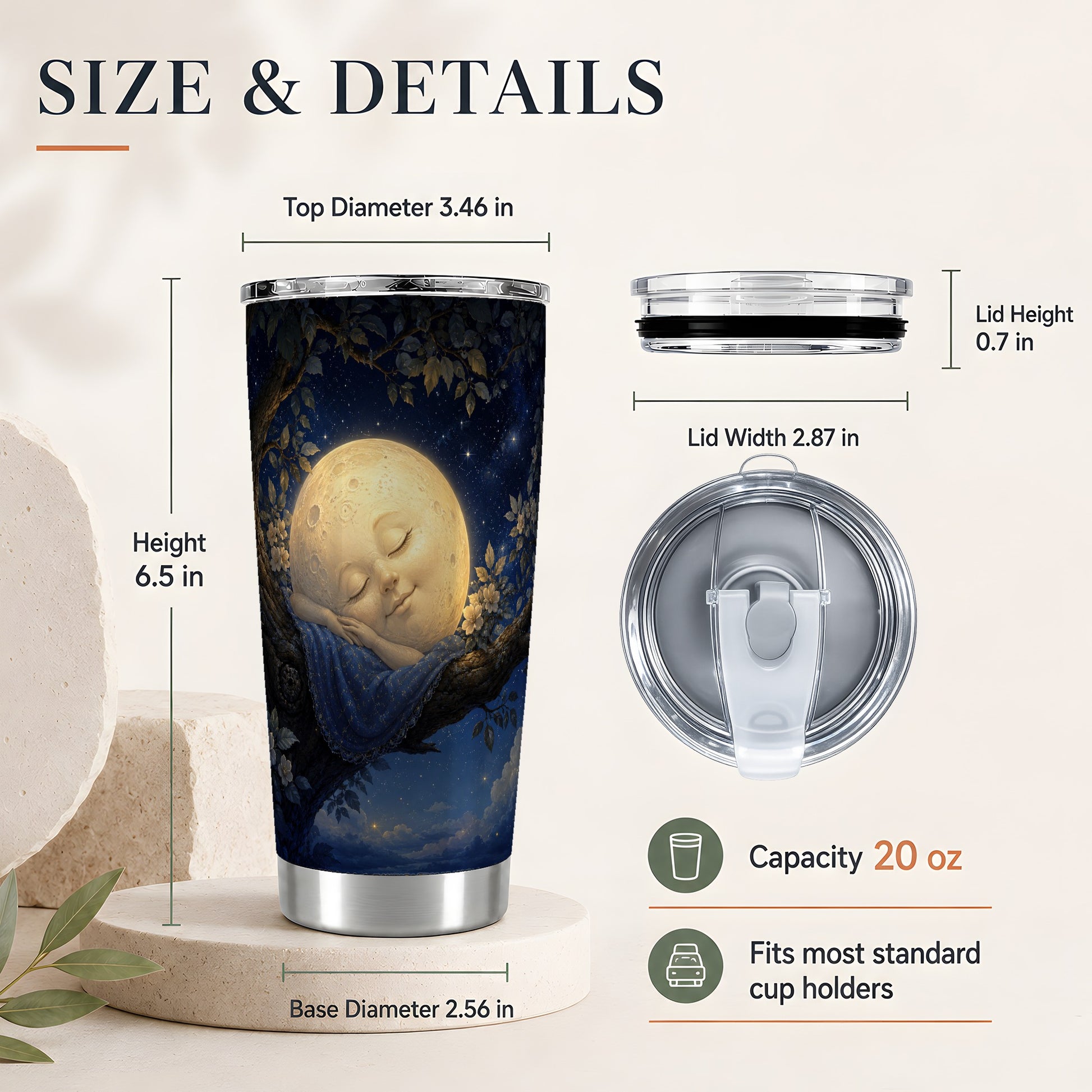 #pl[20oz|Steel] Sleeping Moon 20oz Skinny Tumbler, Dreamy Celestial Night Design