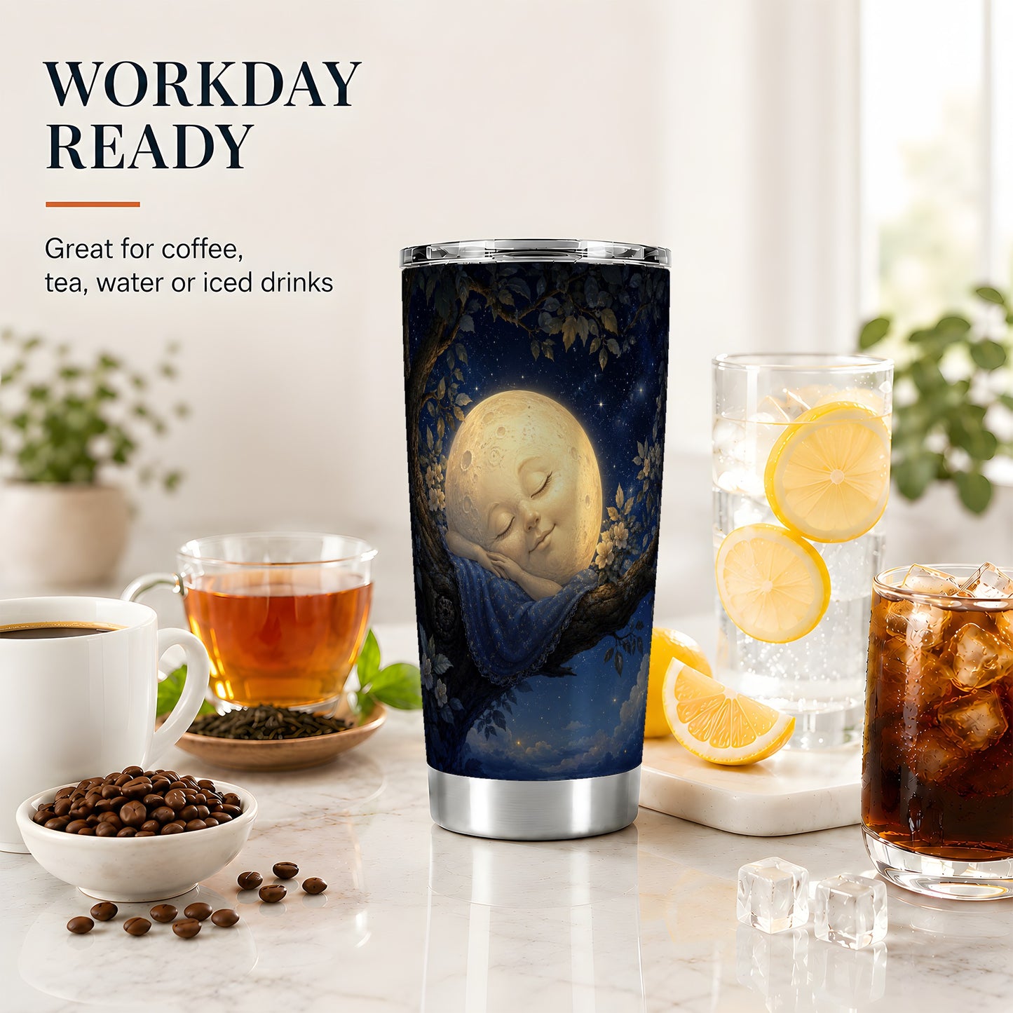 #pl[20oz|Steel] Sleeping Moon 20oz Skinny Tumbler, Dreamy Celestial Night Design