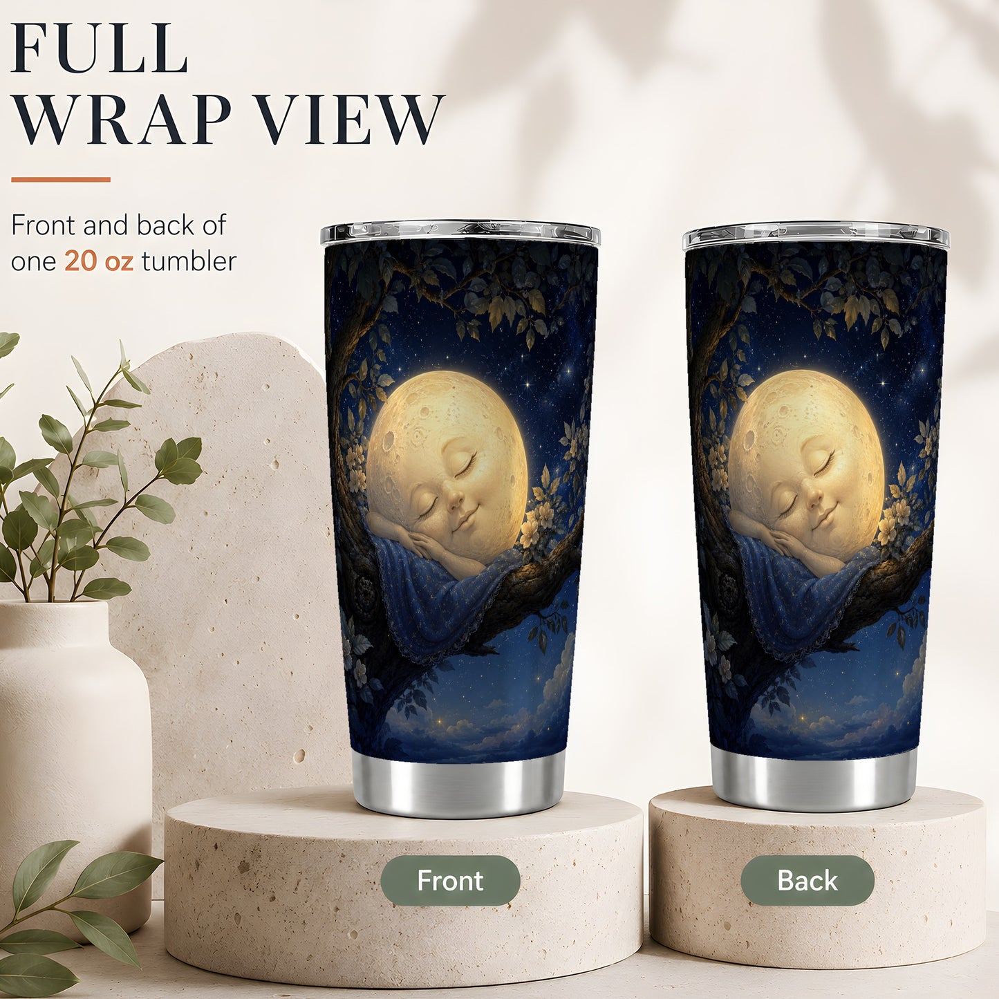 #pl[20oz|Steel] Sleeping Moon 20oz Skinny Tumbler, Dreamy Celestial Night Design