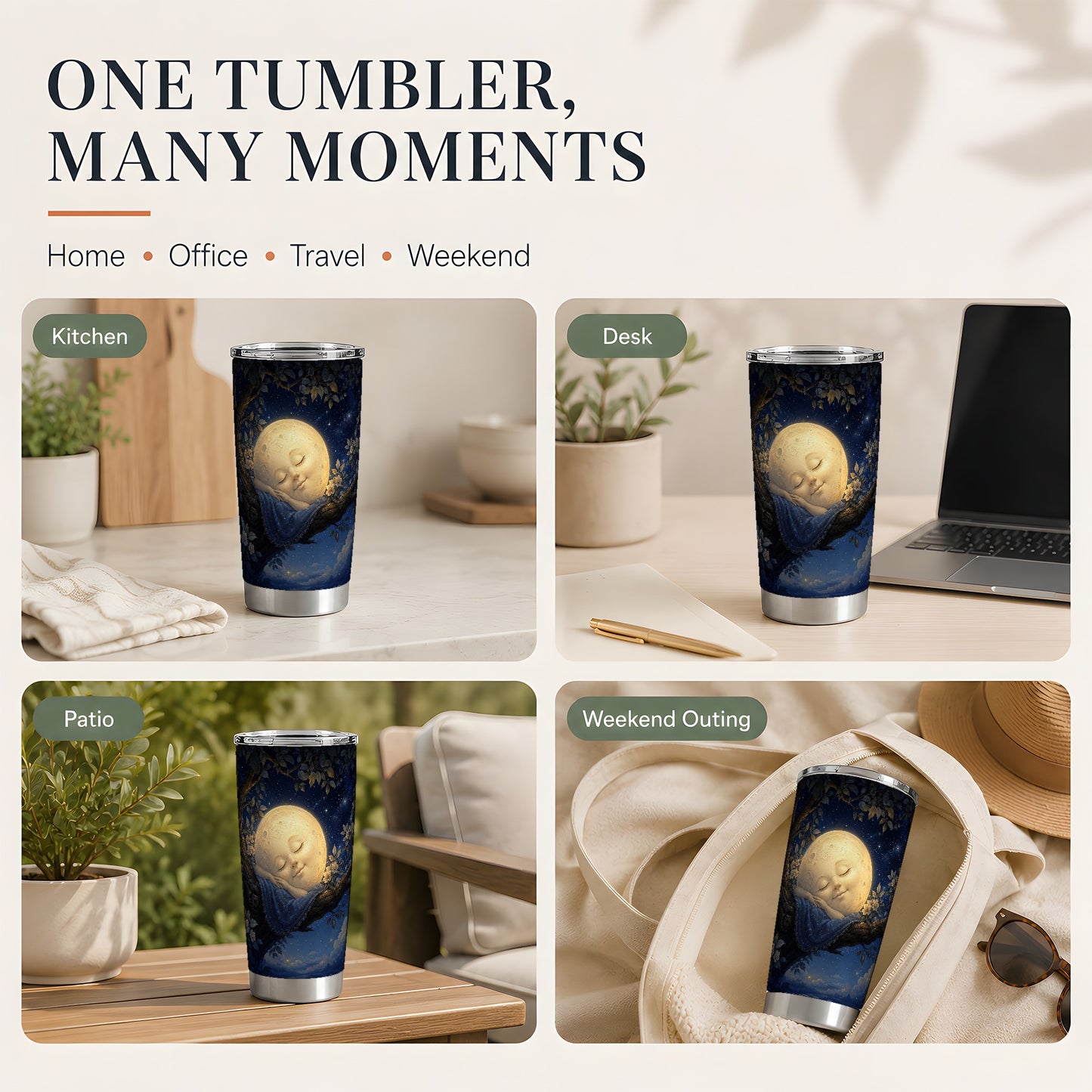 #pl[20oz|Steel] Sleeping Moon 20oz Skinny Tumbler, Dreamy Celestial Night Design