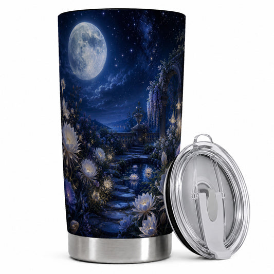 Moonlit Garden 20oz Skinny Tumbler, Floral Celestial Night Art
