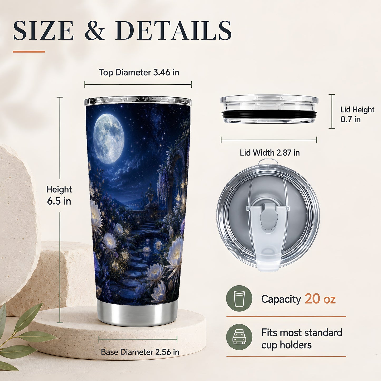 #pl[20oz|Steel] Moonlit Garden 20oz Skinny Tumbler, Floral Celestial Night Art