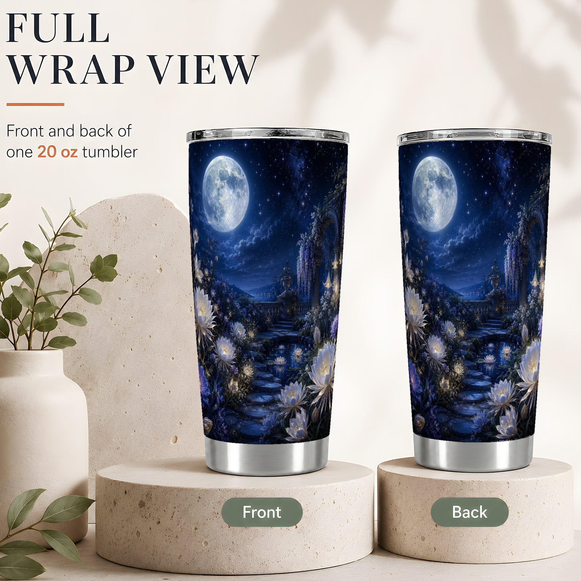#pl[20oz|Steel] Moonlit Garden 20oz Skinny Tumbler, Floral Celestial Night Art