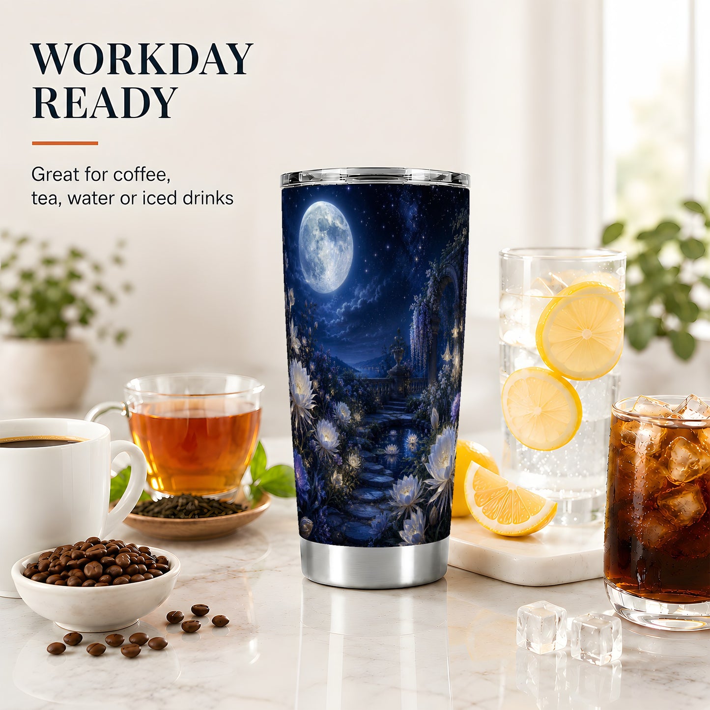 #pl[20oz|Steel] Moonlit Garden 20oz Skinny Tumbler, Floral Celestial Night Art