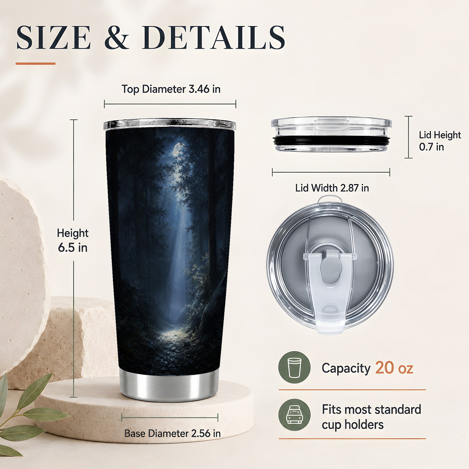 #pl[20oz|Steel] Moonlit Forest 20oz Skinny Tumbler, Woodland Night Path Design